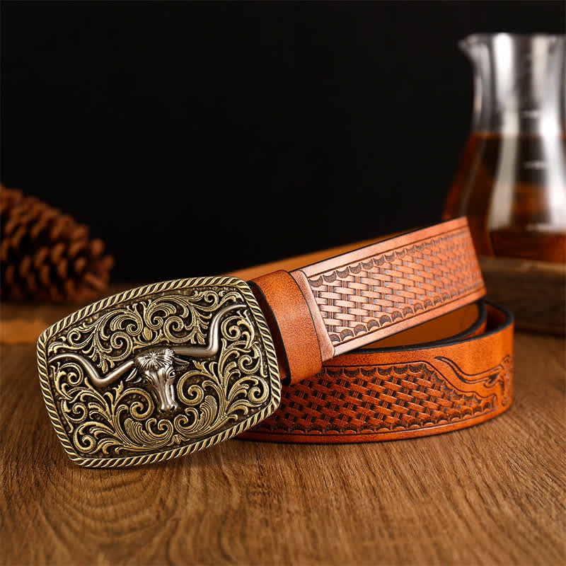 Ceinture en cuir à boucle carrée et fleur pour homme