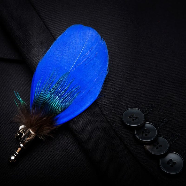 Nœud papillon Oxford bleu à plumes de paon pour enfant avec épingle à revers