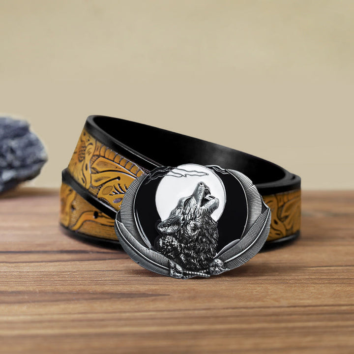 Ceinture en cuir à boucle ovale pour homme avec motif loup hurlant et lune
