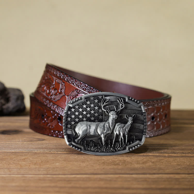 Ceinture en cuir à boucle drapeau américain pour homme avec motif de chasseur de cerfs