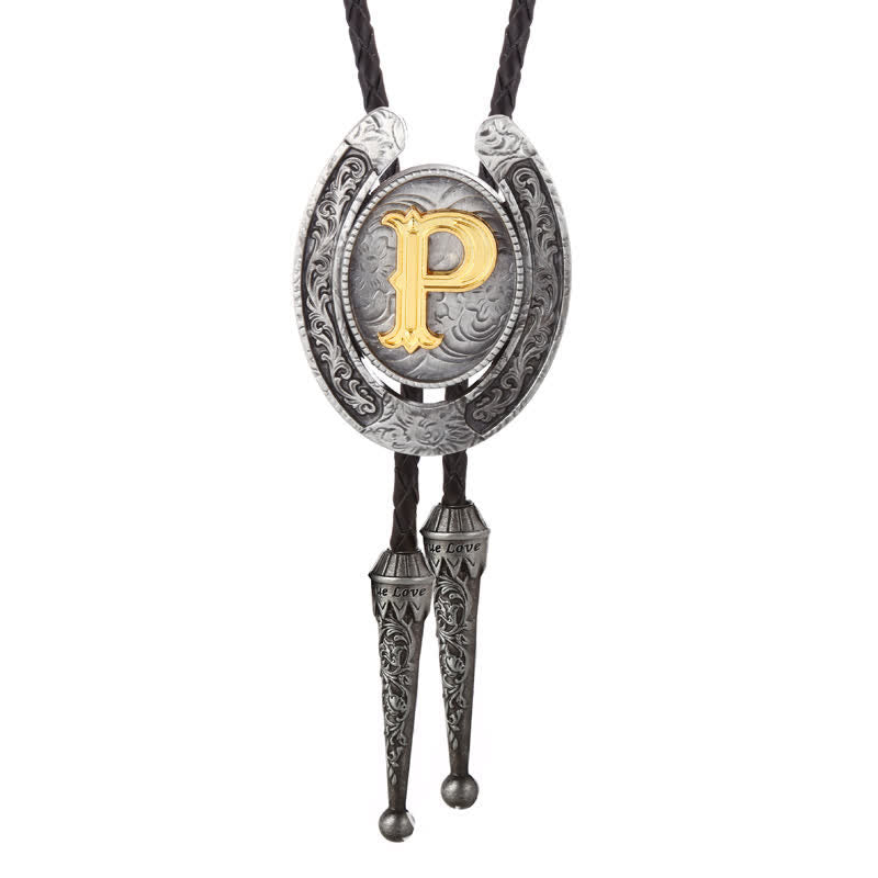 Cravate Bolo moderne avec initiales de A à Z en forme de fer à cheval de style occidental - Argent - P - image 46