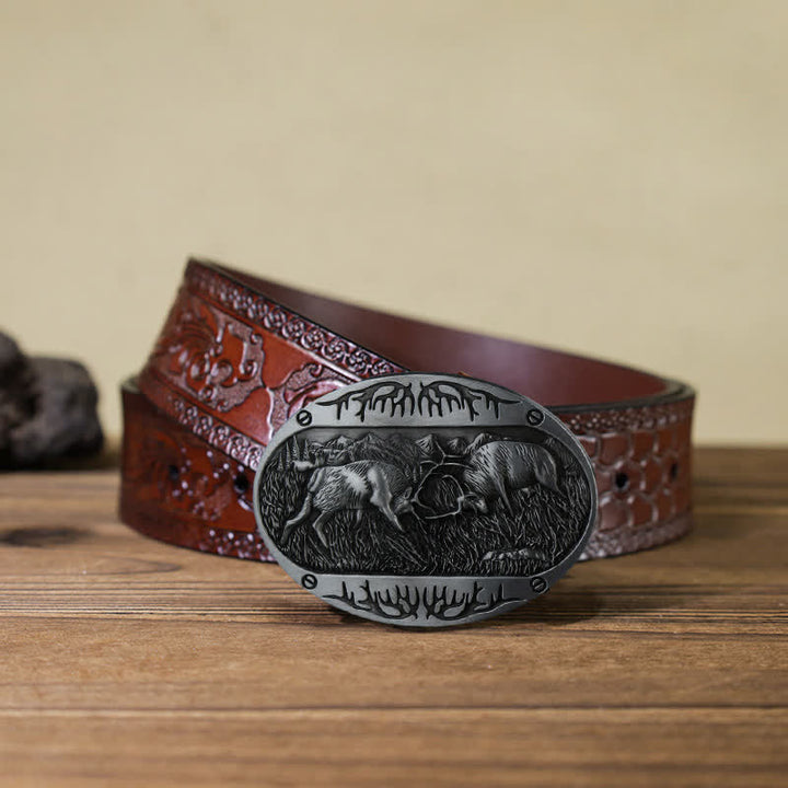 Ceinture en cuir western à boucle de cerf de combat sauvage pour homme