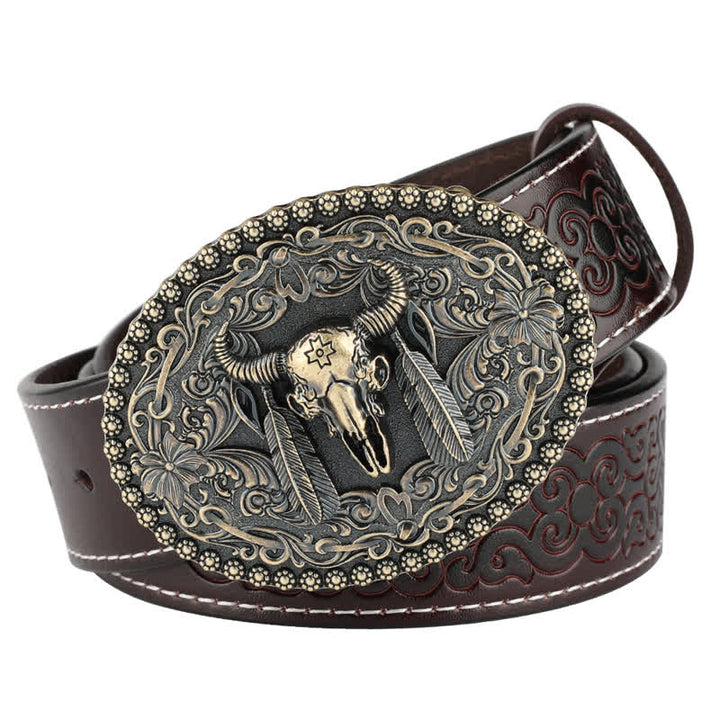 Ceinture en cuir pour homme avec plumes gravées et motif taureau
