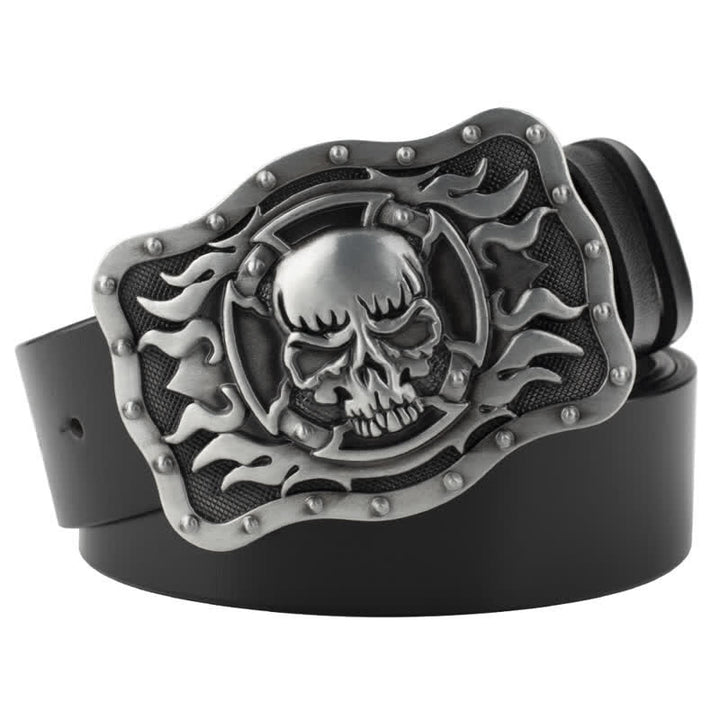 Ceinture rectangulaire en cuir pour homme avec tête de mort et flammes