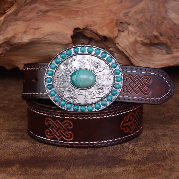 Ceinture unisexe en cuir sculpté avec agate de jade turquoise rose