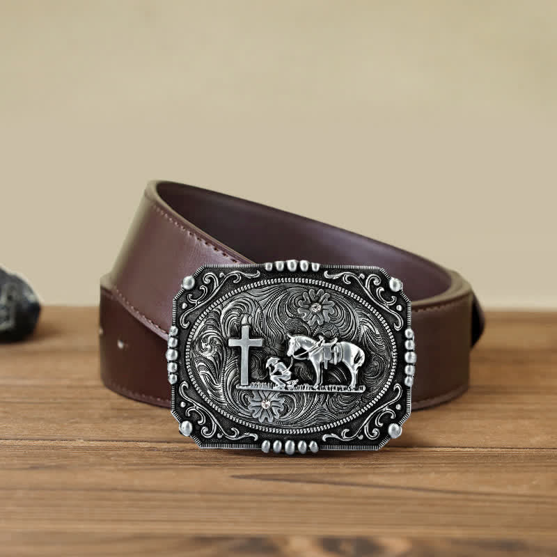 Ceinture en cuir à boucle de prière à genoux pour homme avec croix de cheval à faire soi-même