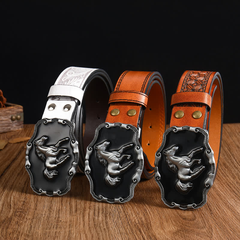 Ceinture en cuir noir argenté pour homme avec cheval au galop