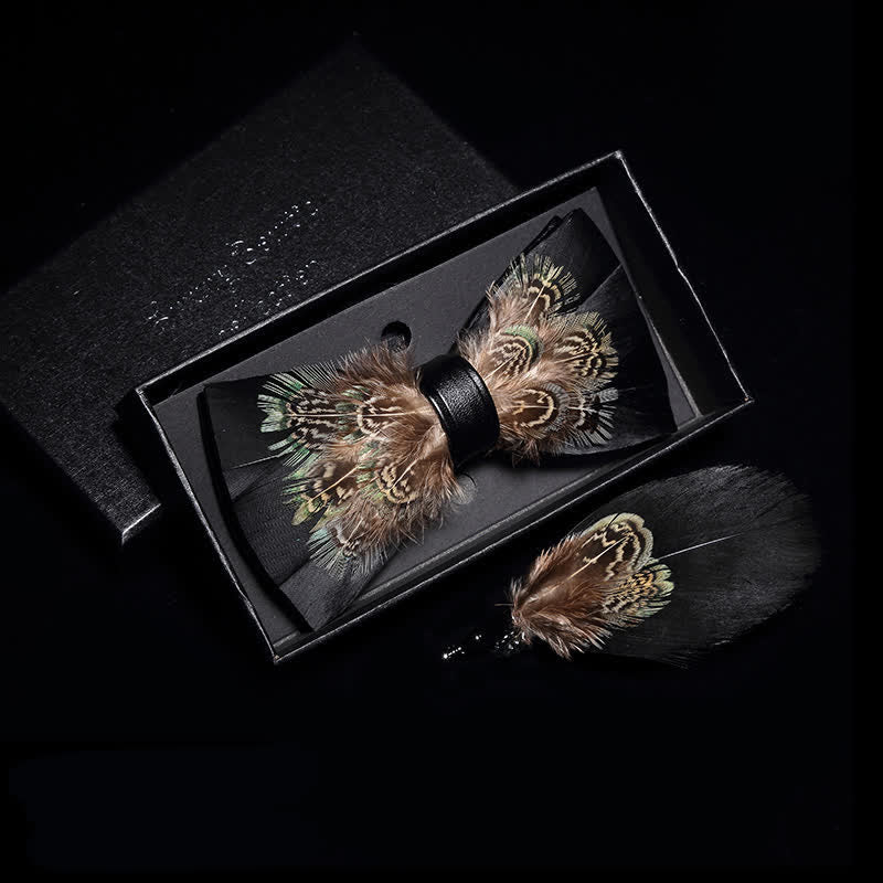 Nœud papillon en plumes de faisan noir et marron pour enfant avec épingle à revers