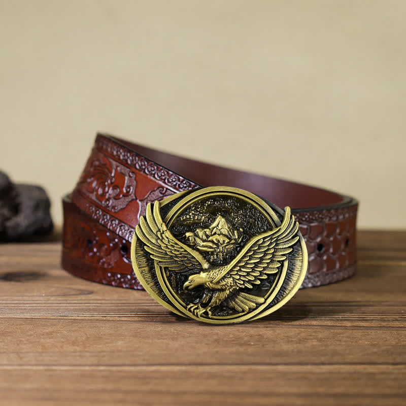 Ceinture en cuir à boucle pour homme avec motif d'aigle volant dominant