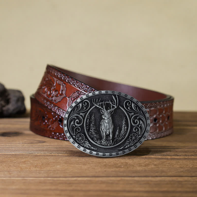 Ceinture en cuir à boucle drapeau américain pour homme avec motif de chasseur de cerfs