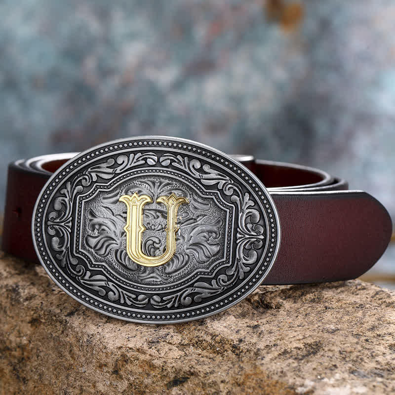 Ceinture en cuir unisexe style hip-hop avec boucle en relief et initiales