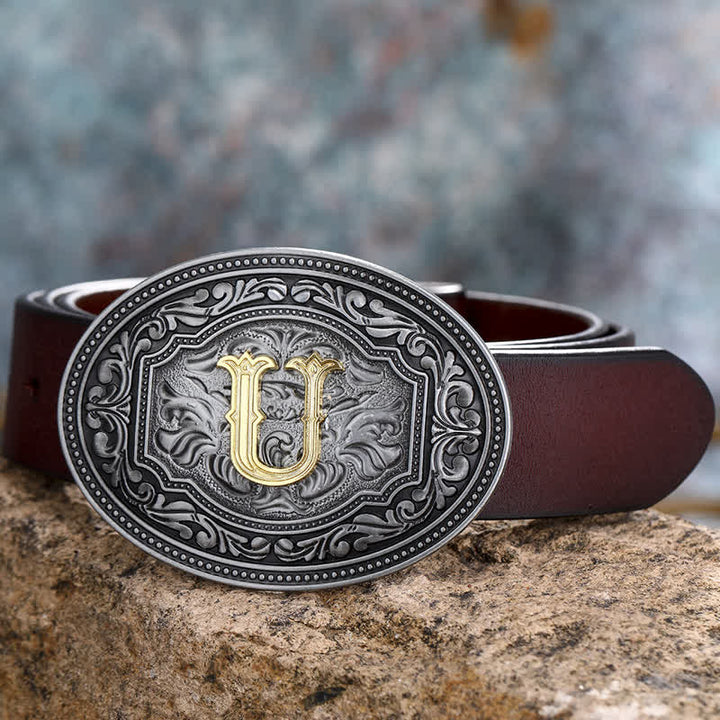 Ceinture en cuir unisexe style hip-hop avec boucle en relief et initiales