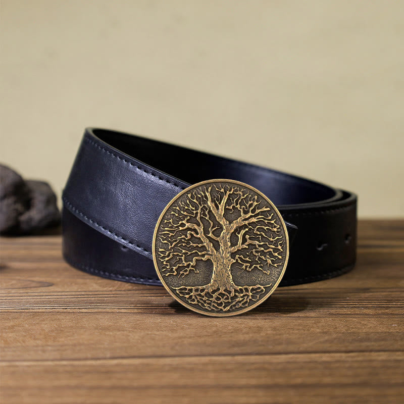 Ceinture en cuir à boucle ronde pour homme avec motif arbre de vie