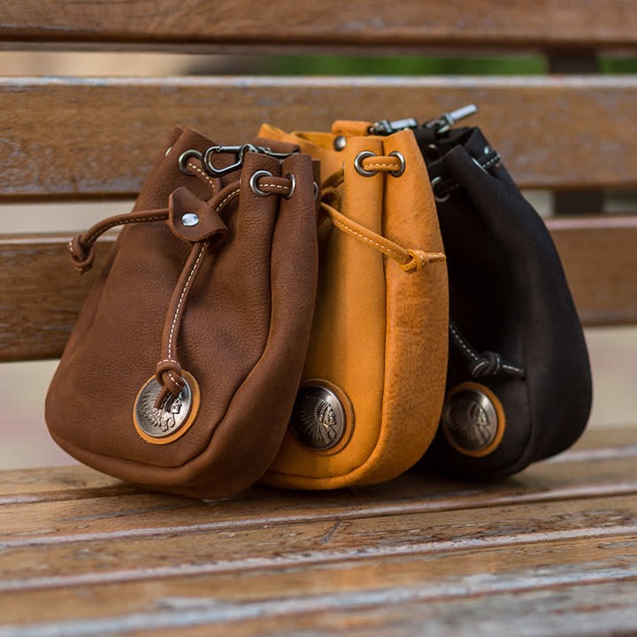 Petit portefeuille, porte-monnaie, sac ceinture en cuir avec cordon de serrage