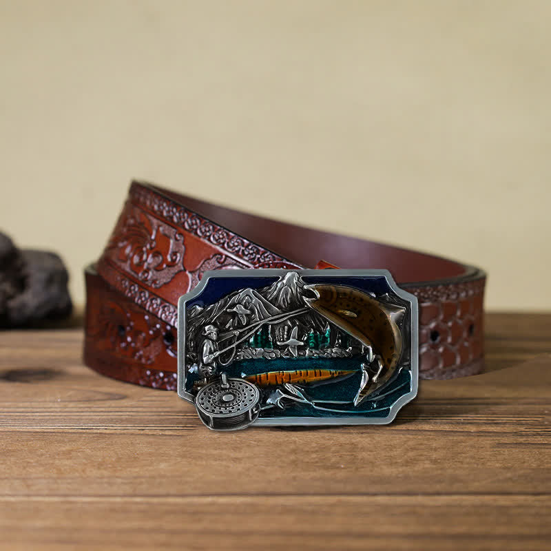 Ceinture en cuir à boucle rectangulaire en émail pour homme avec motif de pêche
