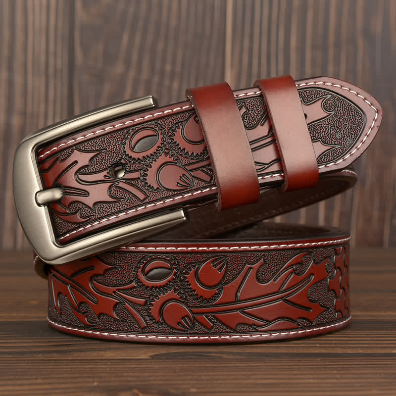 Ceinture en cuir à motif floral en relief pour homme