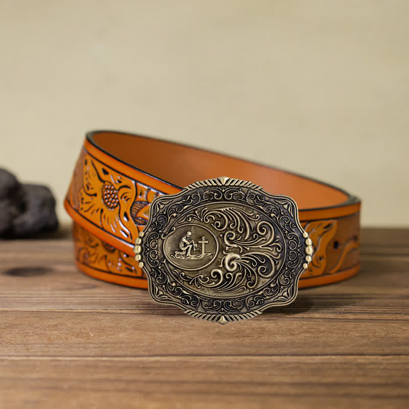 Ceinture en cuir à boucle gravée pour homme avec motif floral et prière sincère