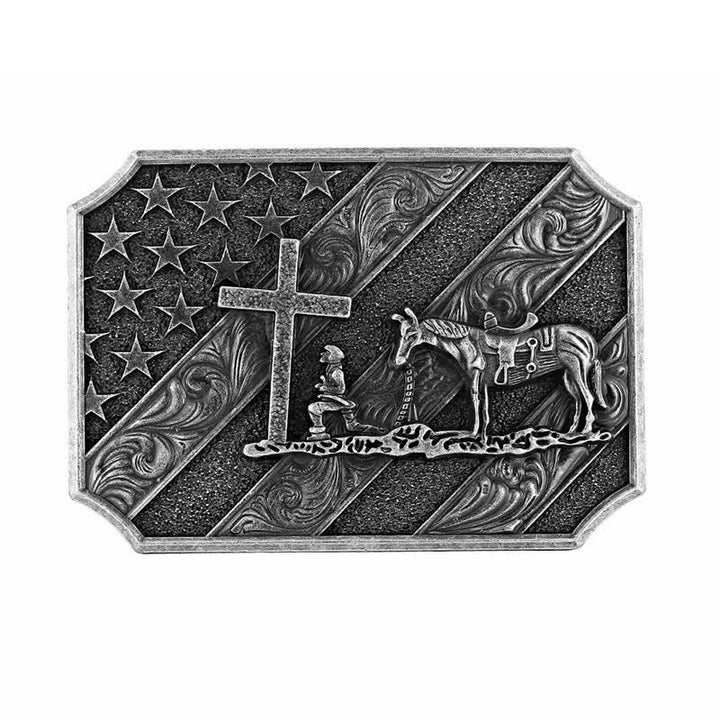 Ceinture en cuir à boucle de cheval avec croix de prière et drapeau américain pour homme