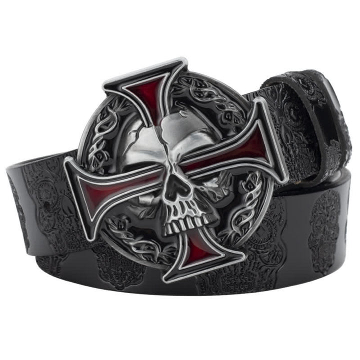 Ceinture en cuir à motif tête de mort en relief pour homme