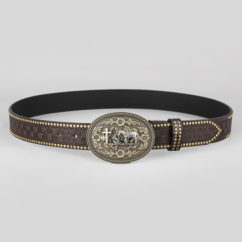 Ceinture en cuir à boucle ovale pour homme avec motif de cheval croisé