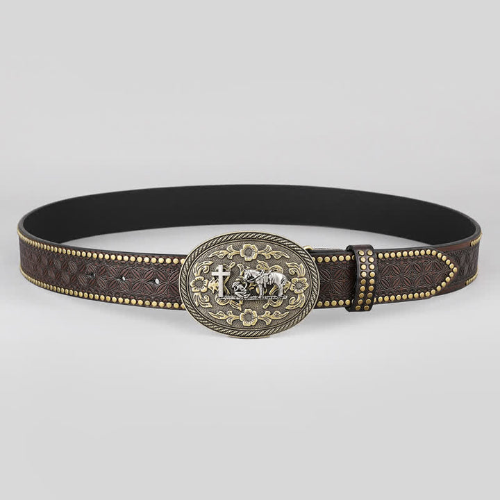 Ceinture en cuir à boucle ovale pour homme avec motif de cheval croisé