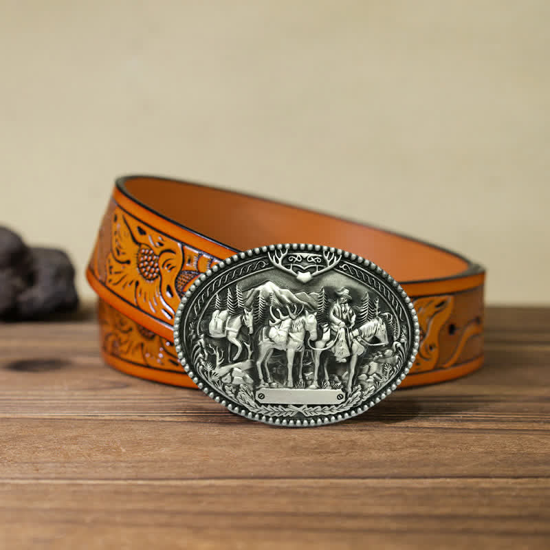 Ceinture en cuir à boucle pour homme avec motif de cheval de cow-boy