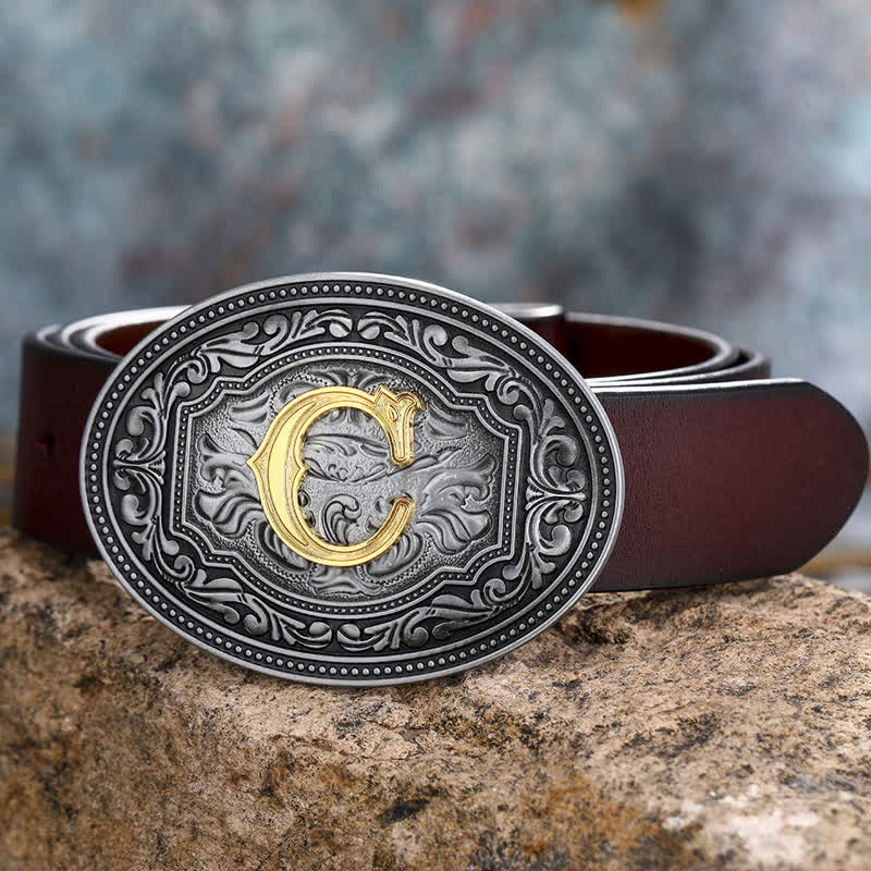 Ceinture en cuir unisexe style hip-hop avec boucle en relief et initiales