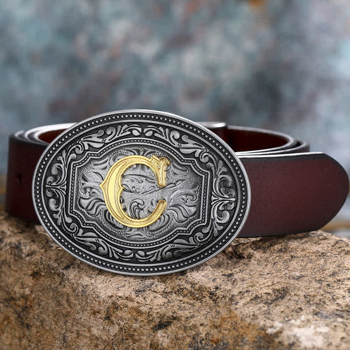 Ceinture en cuir unisexe style hip-hop avec boucle en relief et initiales
