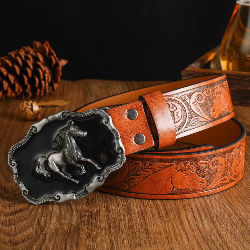 Ceinture en cuir noir argenté pour homme avec cheval au galop