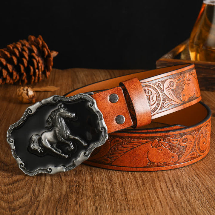 Ceinture en cuir noir argenté pour homme avec cheval au galop
