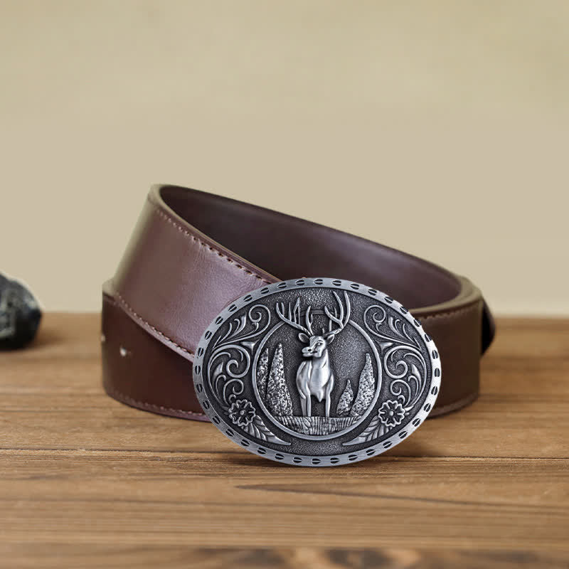 Ceinture en cuir à boucle ovale pour homme avec motif cerf forestier