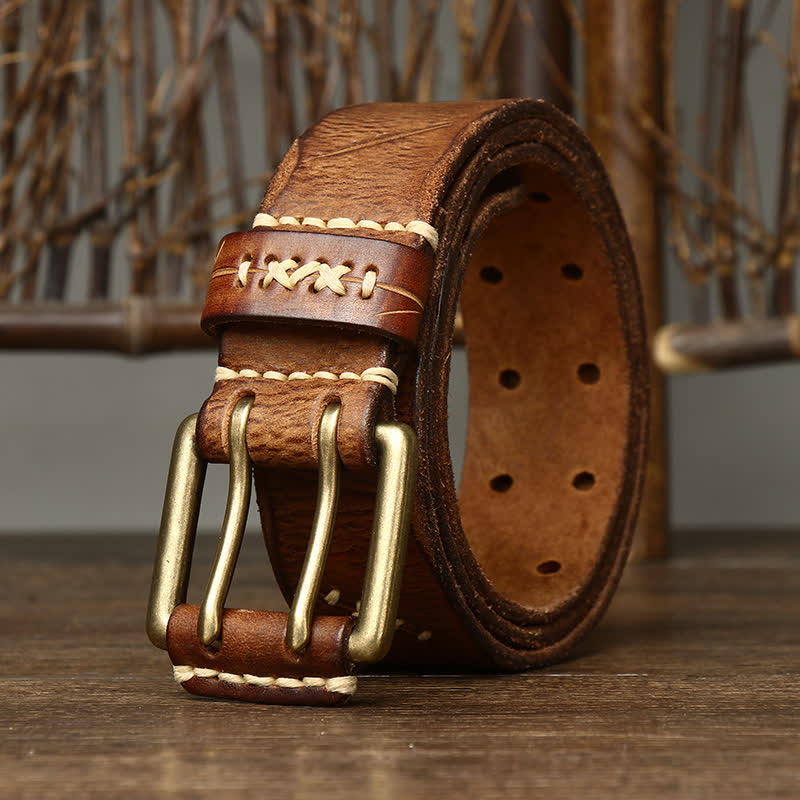 Ceinture en cuir à double boucle pour homme, effet vieilli
