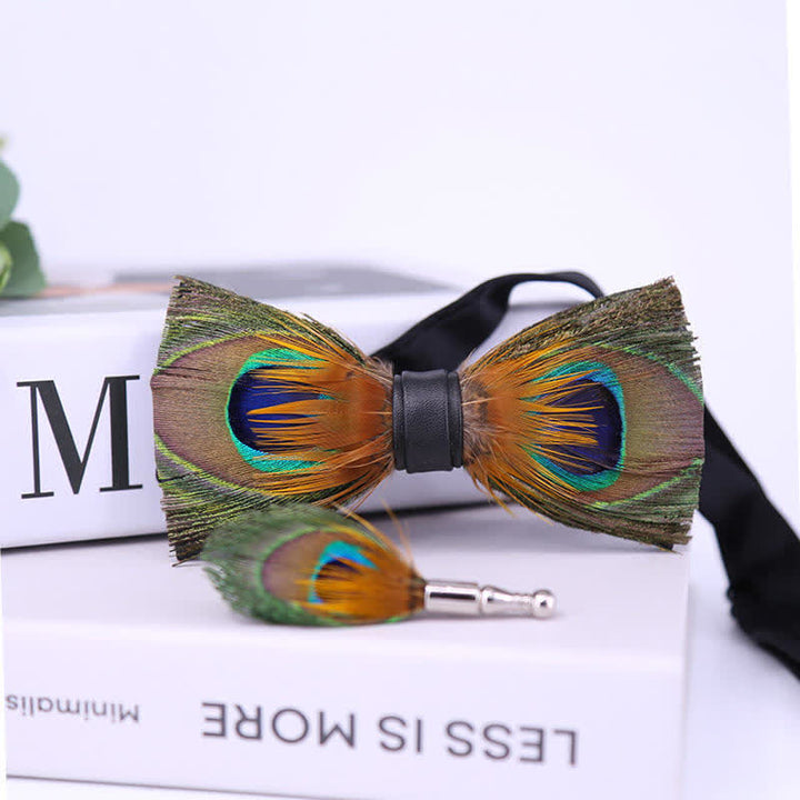 Nœud papillon en plumes de paon vert avec épingle à revers