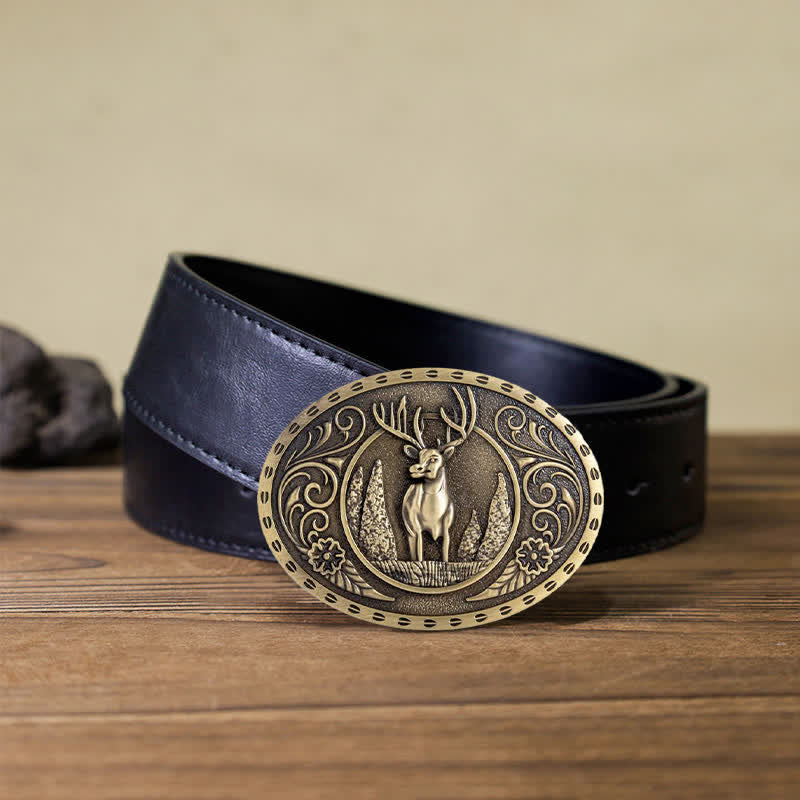 Ceinture en cuir à boucle ovale pour homme avec motif cerf forestier