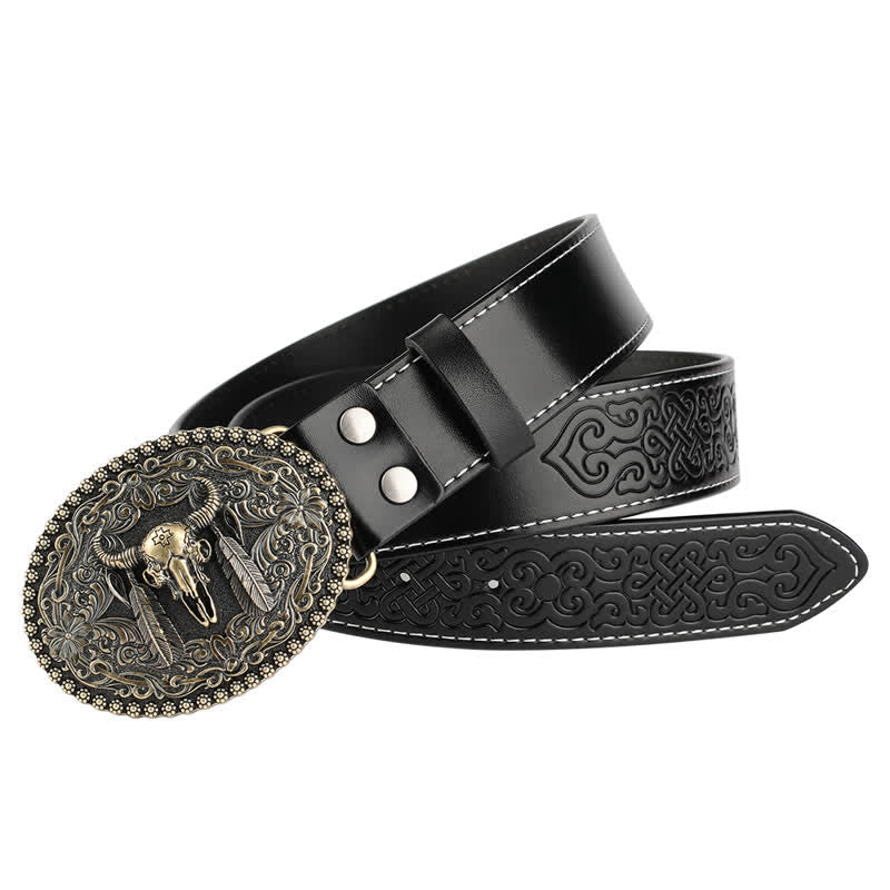 Ceinture en cuir pour homme avec plumes gravées et motif taureau