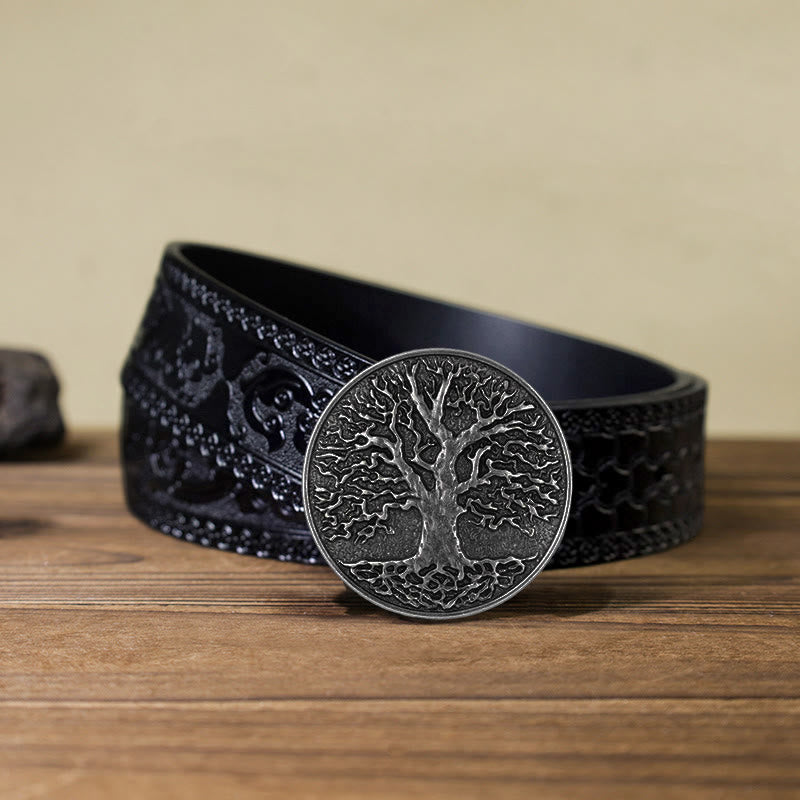 Ceinture en cuir à boucle ronde pour homme avec motif arbre de vie