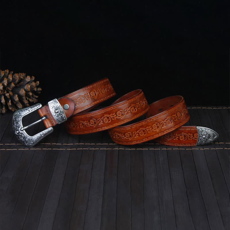Ceinture unisexe en cuir à imprimé floral et texture rustique