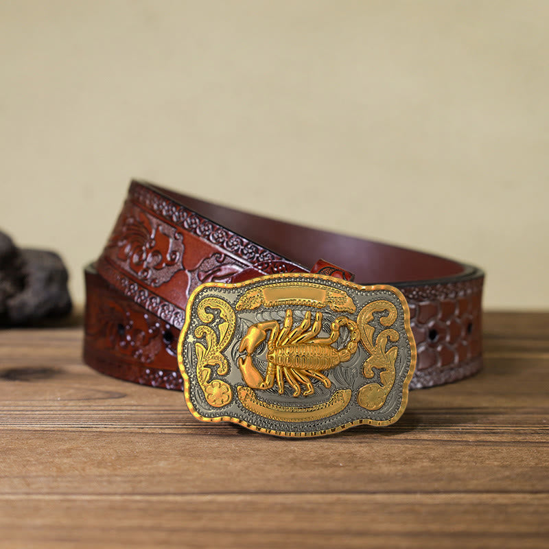 Ceinture en cuir à boucle scorpion doré pour homme