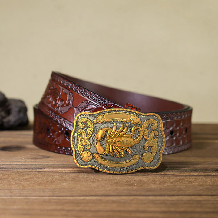 Ceinture en cuir à boucle scorpion doré pour homme