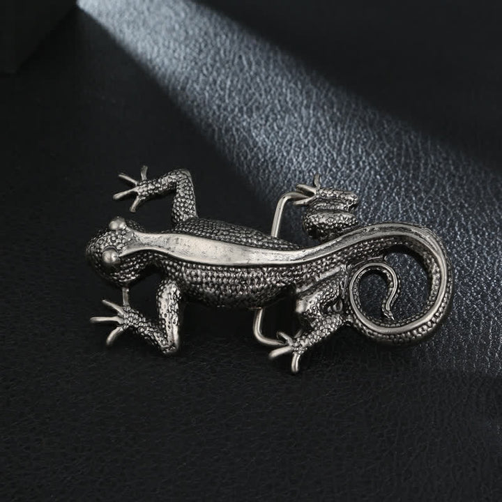 Ceinture en cuir à boucle unique en forme de lézard argenté pour homme