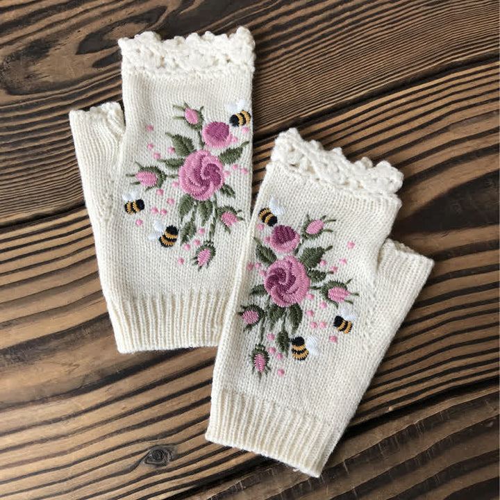 Gants tricotés demi-doigts brodés de fleurs pour femmes