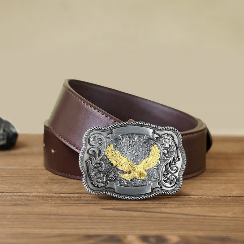 Ceinture en cuir à boucle animalière sculptée en or pour homme - Aigle - Ceinture en PU marron (40) - image 14