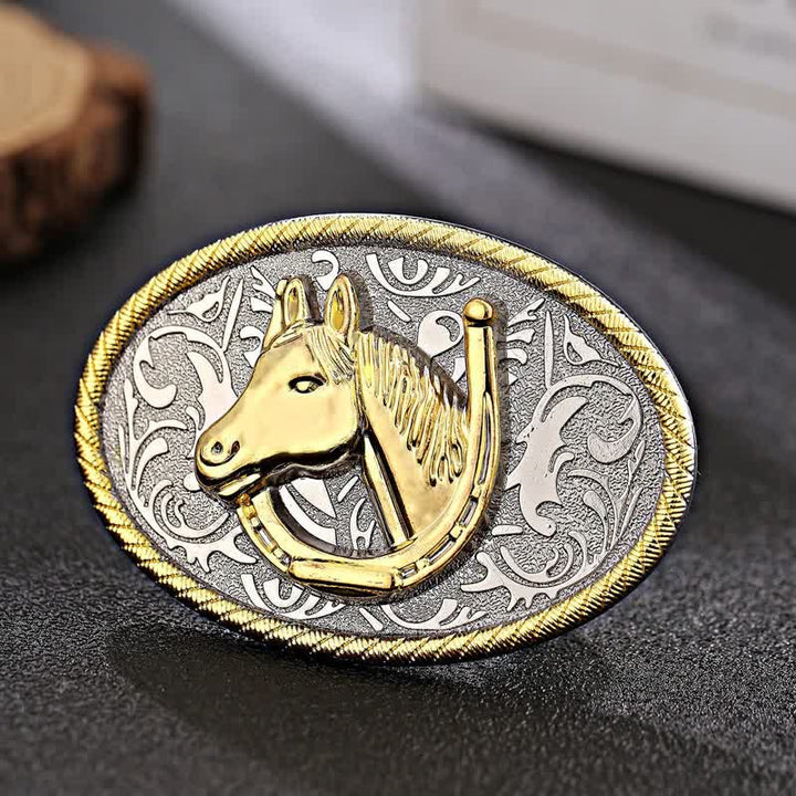 Ceinture en cuir à boucle en forme de fer à cheval doré pour homme