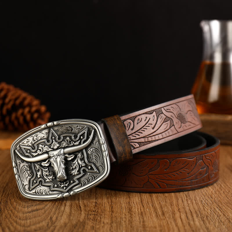 Ceinture en cuir imprimé tête de vache de style western pour homme