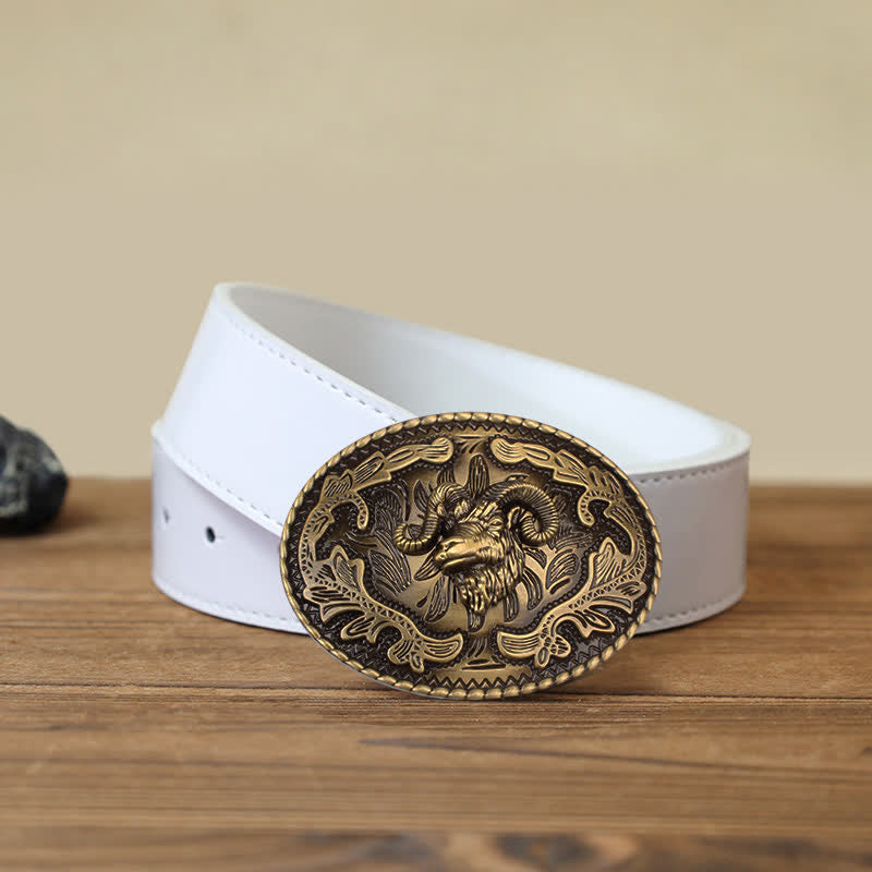 Ceinture en cuir à boucle tête de chèvre sauvage en bronze pour homme