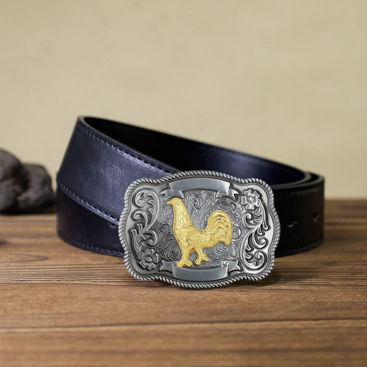 Ceinture en cuir à boucle animalière sculptée en or pour homme - Coq - Ceinture en PU noir (40) - image 48