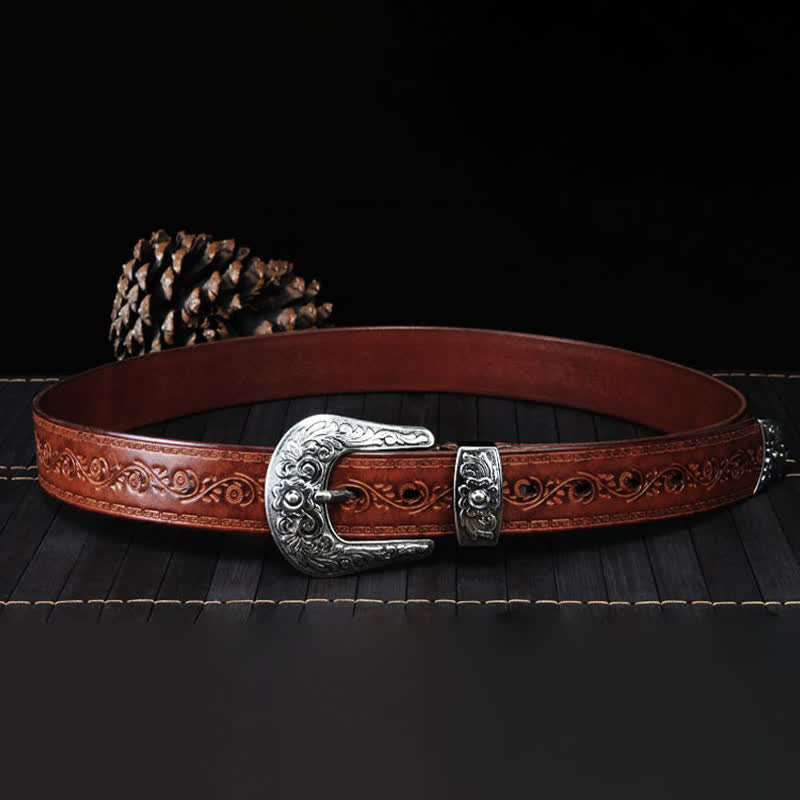 Ceinture unisexe en cuir à imprimé floral et texture rustique