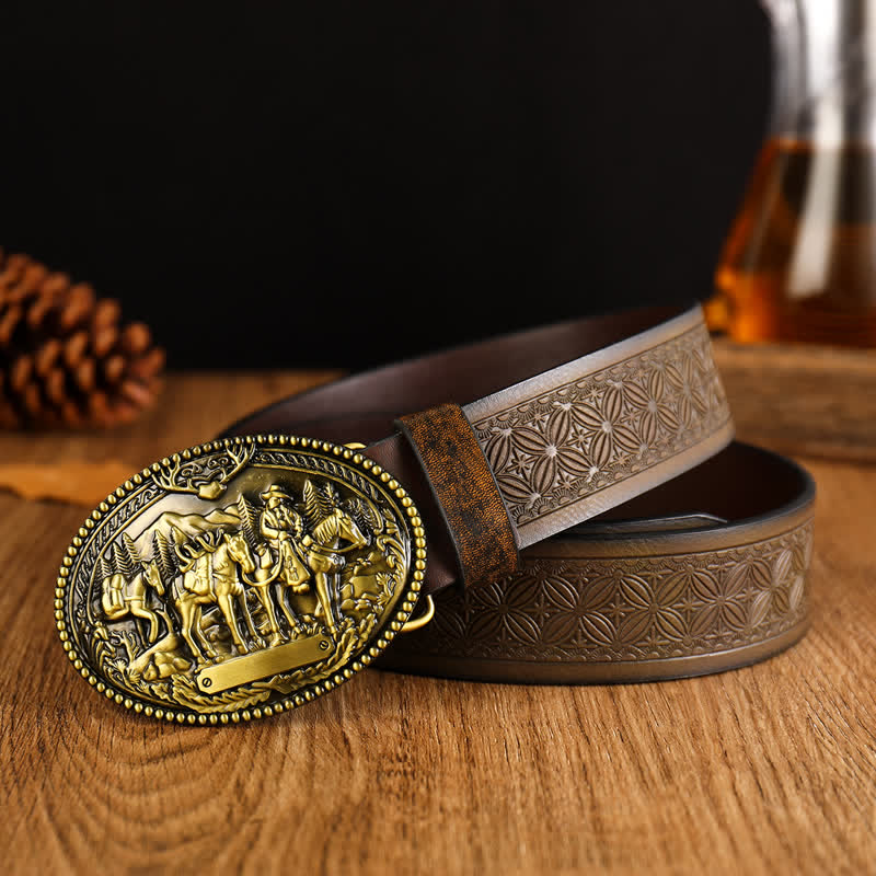 Ceinture en cuir à boucle géométrique pour homme avec cheval au galop