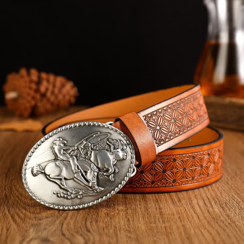 Ceinture en cuir à boucle géométrique pour homme avec cheval au galop
