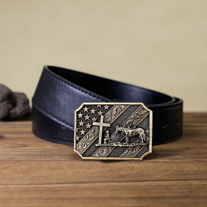 Ceinture en cuir à boucle de cheval avec croix de prière et drapeau américain pour homme